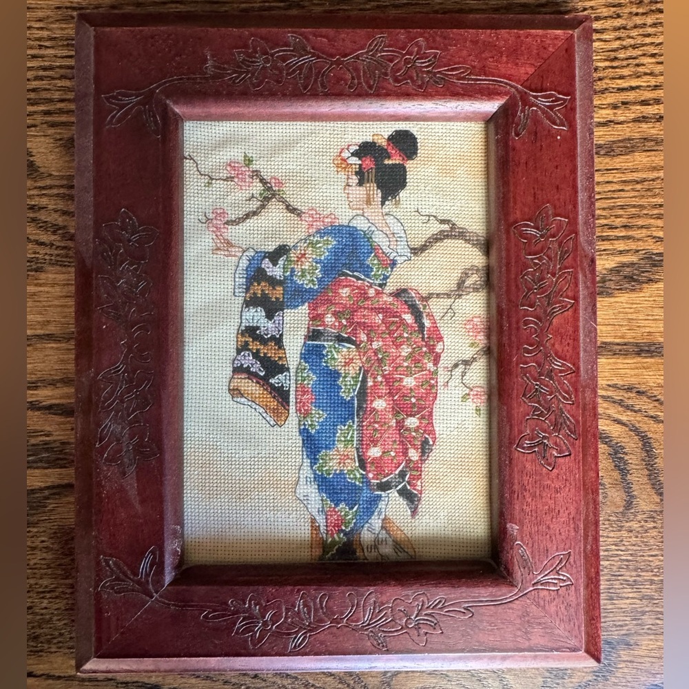 Embroidered Geisha Art in Wooden Frame